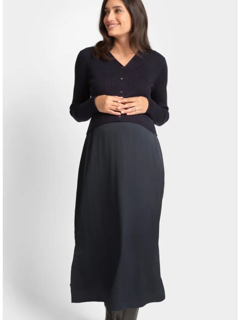 Seraphine mixed media maternity/nursing tank dress and cardigan set in navy
